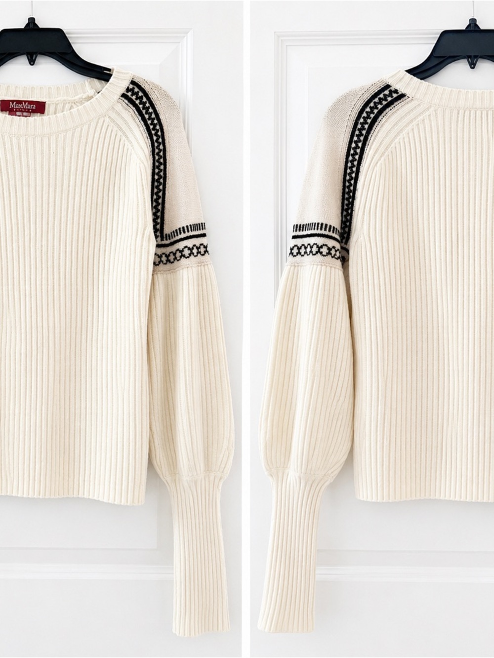 MaxMara Cream Ribbed Crewneck Sweater with Black Trim
